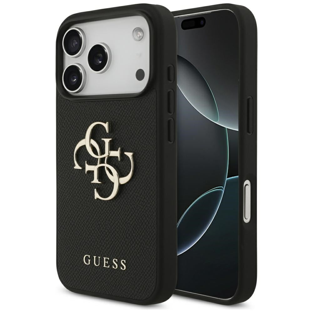 Hülle für Apple iPhone 17 Pro, Guess, 4G Grained Big and Classic Logo, Schwarz
