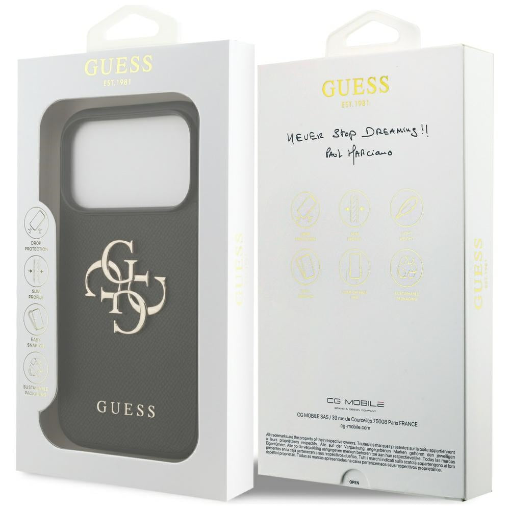 Hülle für Apple iPhone 17 Pro, Guess, 4G Grained Big and Classic Logo, Schwarz