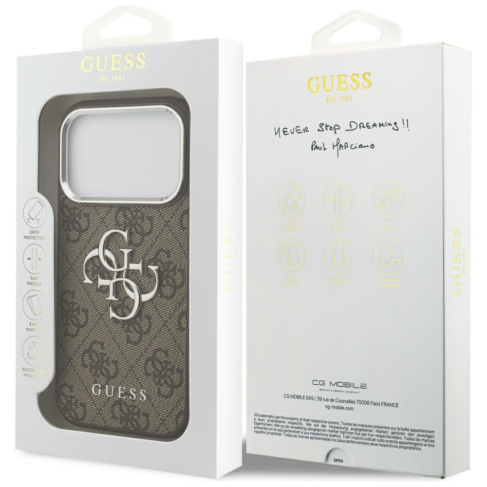 Hülle für Apple iPhone 17 Pro, Guess, Big 4G Logo Classic, Braun Silbern