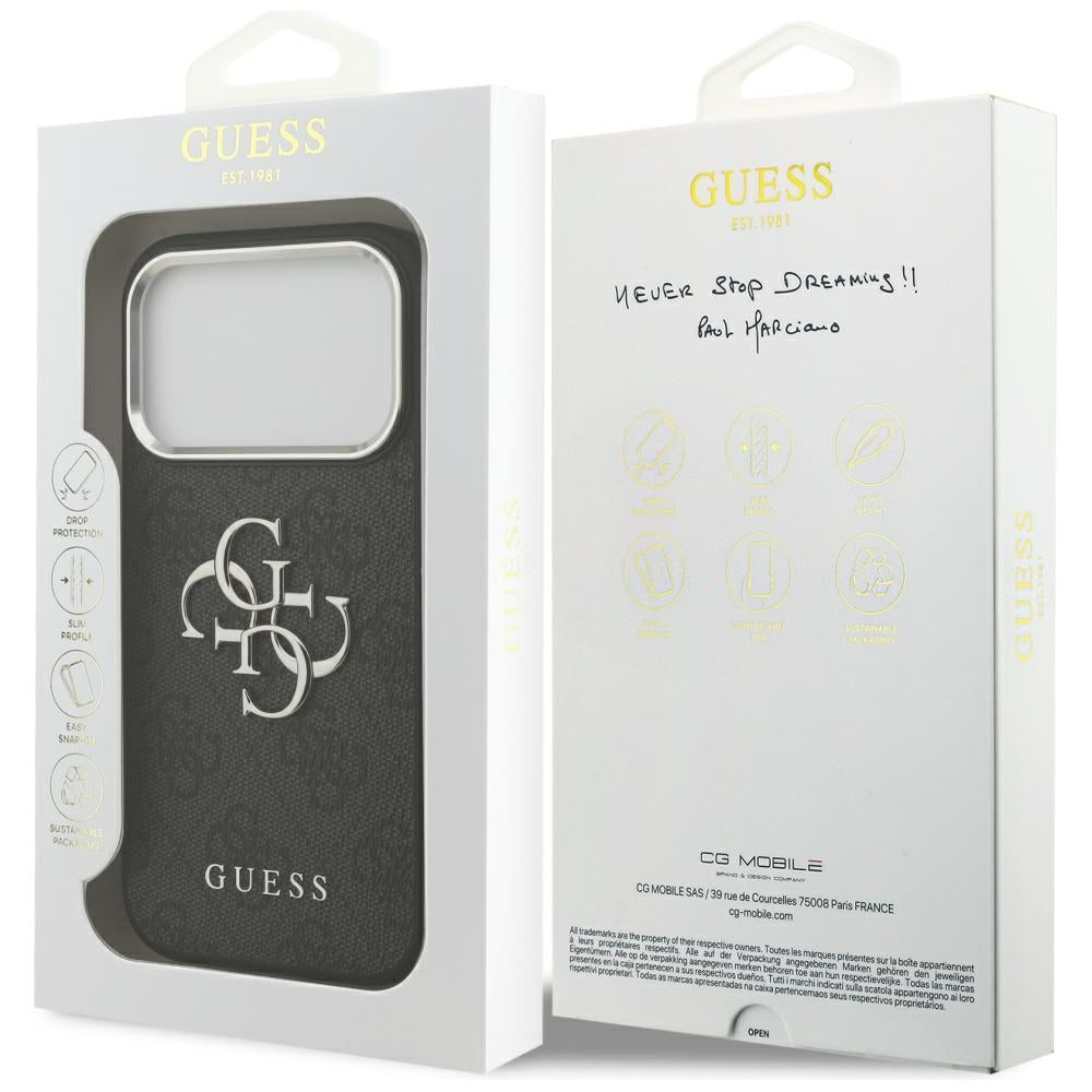 Hülle für Apple iPhone 17 Pro, Guess, Big 4G Logo Classic, Schwarz Silbern