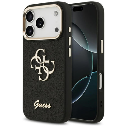 Hülle für Apple iPhone 17 Pro, Guess, Fixed Glitter Big 4G Metal Frame, Schwarz