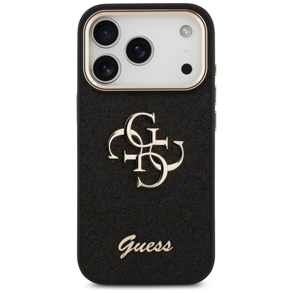 Hülle für Apple iPhone 17 Pro, Guess, Fixed Glitter Big 4G Metal Frame, Schwarz