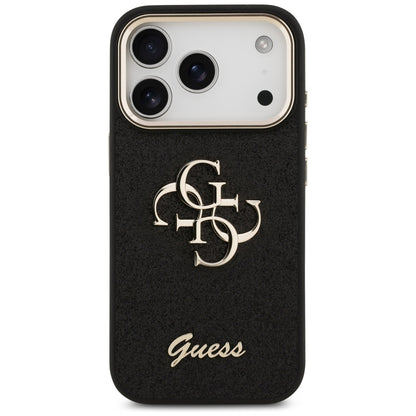 Hülle für Apple iPhone 17 Pro, Guess, Fixed Glitter Big 4G Metal Frame, Schwarz