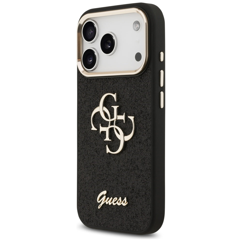 Hülle für Apple iPhone 17 Pro, Guess, Fixed Glitter Big 4G Metal Frame, Schwarz