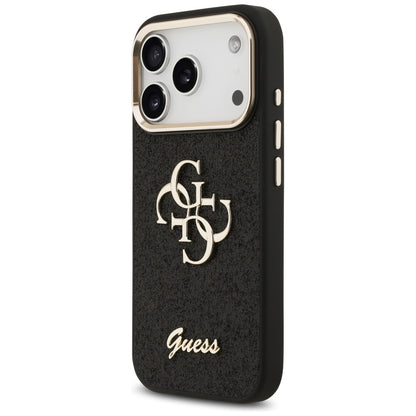Hülle für Apple iPhone 17 Pro, Guess, Fixed Glitter Big 4G Metal Frame, Schwarz