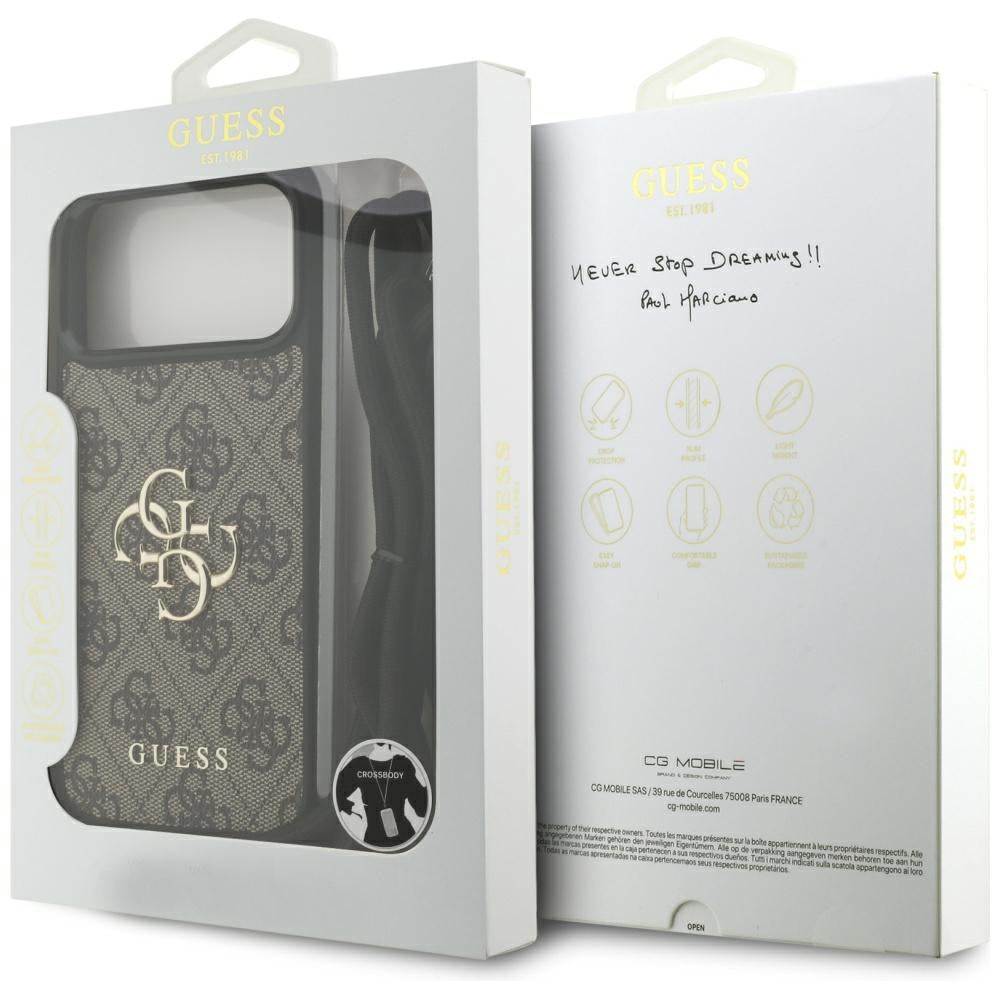 Hülle für Apple iPhone 17 Pro Max, Guess, 4G CBDY Big Logo mit Kordelband, Braun