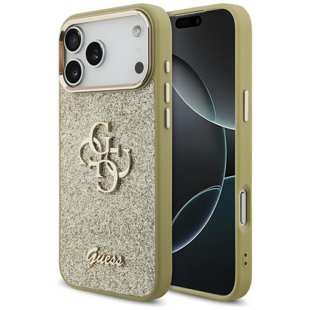 Case for Apple iPhone 17 Pro Max, Guess, Fixed Glitter Big 4G Metal Frame, Gold