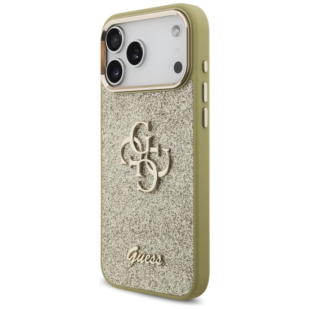 Case for Apple iPhone 17 Pro Max, Guess, Fixed Glitter Big 4G Metal Frame, Gold