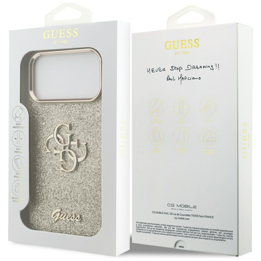 Case for Apple iPhone 17 Pro Max, Guess, Fixed Glitter Big 4G Metal Frame, Gold