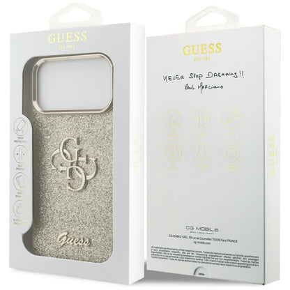 Case for Apple iPhone 17 Pro Max, Guess, Fixed Glitter Big 4G Metal Frame, Gold