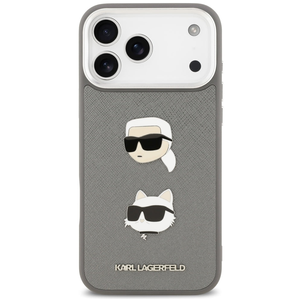 Hülle für Apple iPhone 17 Pro Max, Karl Lagerfeld, Grained Karl & Choupette's Heads Pins and Logo, Grau