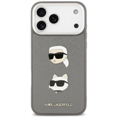 Hülle für Apple iPhone 17 Pro Max, Karl Lagerfeld, Grained Karl & Choupette's Heads Pins and Logo, Grau