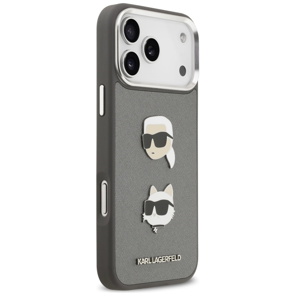 Hülle für Apple iPhone 17 Pro Max, Karl Lagerfeld, Grained Karl & Choupette's Heads Pins and Logo, Grau