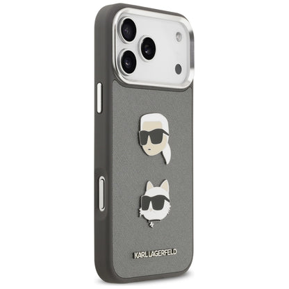 Hülle für Apple iPhone 17 Pro Max, Karl Lagerfeld, Grained Karl & Choupette's Heads Pins and Logo, Grau