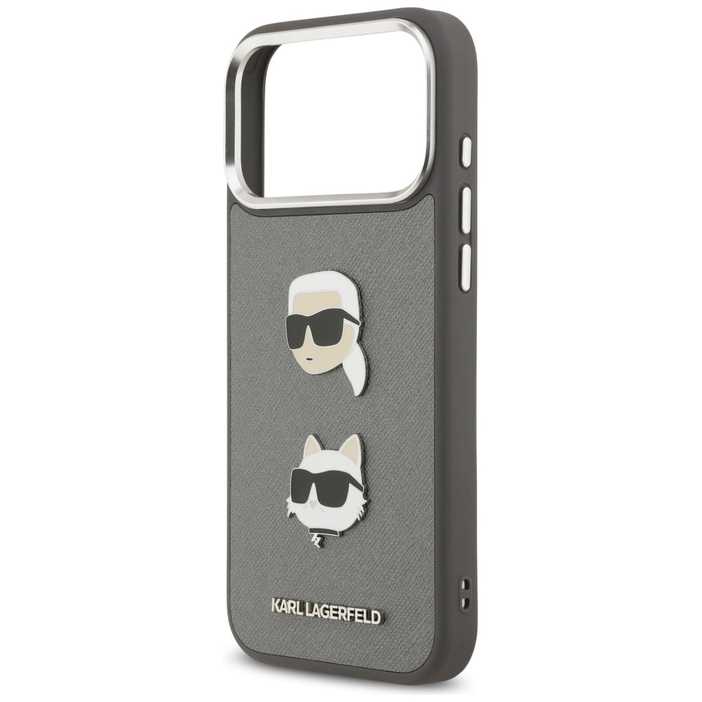 Hülle für Apple iPhone 17 Pro Max, Karl Lagerfeld, Grained Karl & Choupette's Heads Pins and Logo, Grau