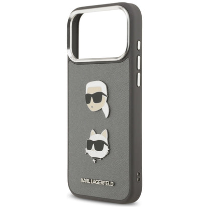 Hülle für Apple iPhone 17 Pro Max, Karl Lagerfeld, Grained Karl & Choupette's Heads Pins and Logo, Grau