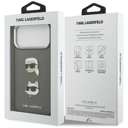 Hülle für Apple iPhone 17 Pro Max, Karl Lagerfeld, Grained Karl & Choupette's Heads Pins and Logo, Grau