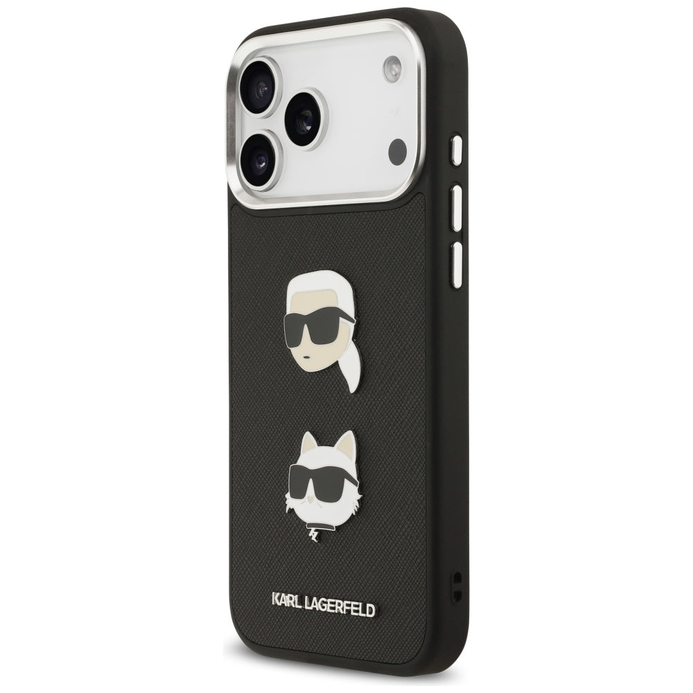 Hülle für Apple iPhone 17 Pro Max, Karl Lagerfeld, Grained Karl & Choupette's Heads Pins and Logo, Schwarz