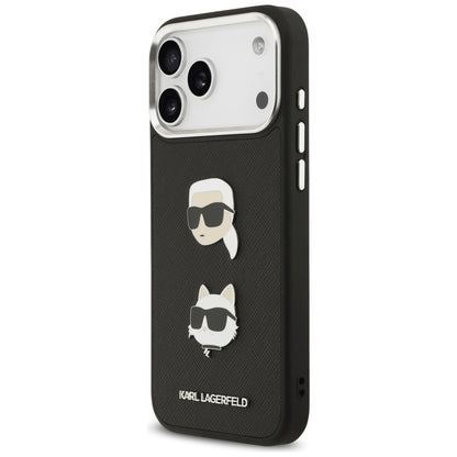 Hülle für Apple iPhone 17 Pro Max, Karl Lagerfeld, Grained Karl & Choupette's Heads Pins and Logo, Schwarz