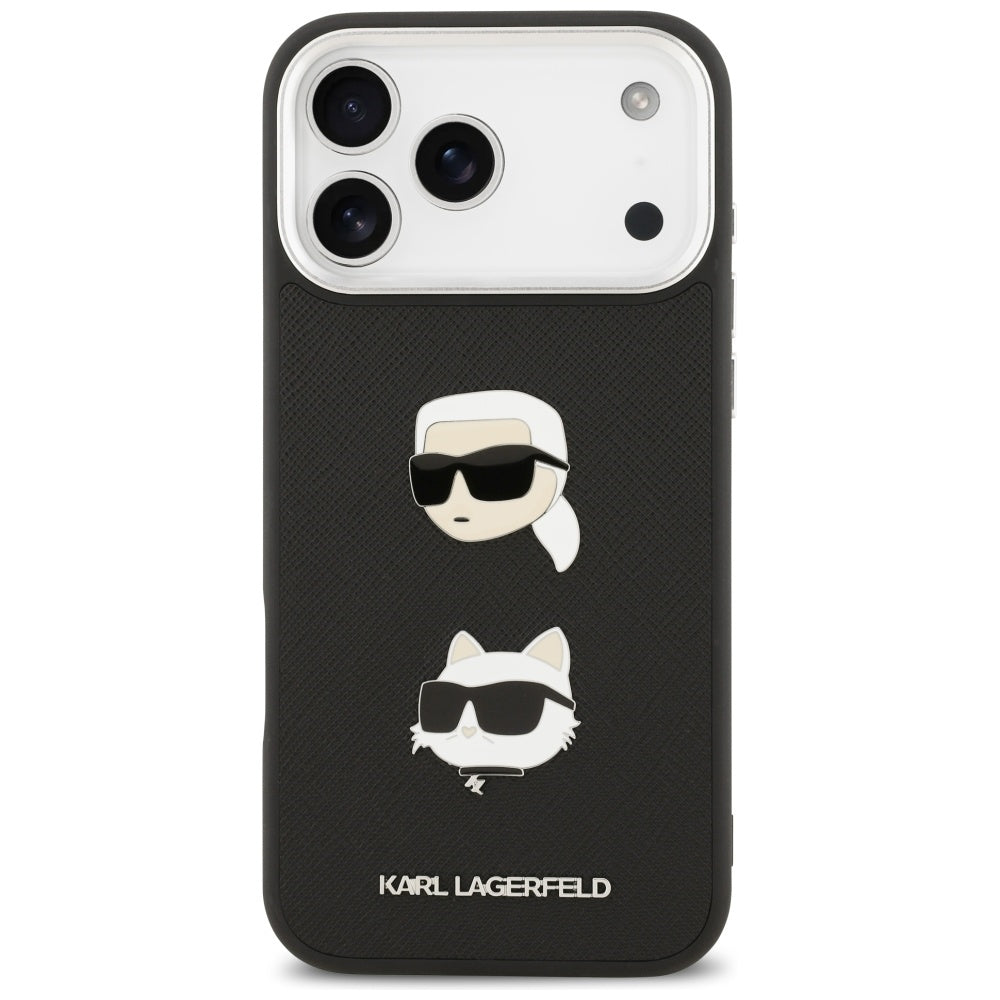 Hülle für Apple iPhone 17 Pro Max, Karl Lagerfeld, Grained Karl & Choupette's Heads Pins and Logo, Schwarz
