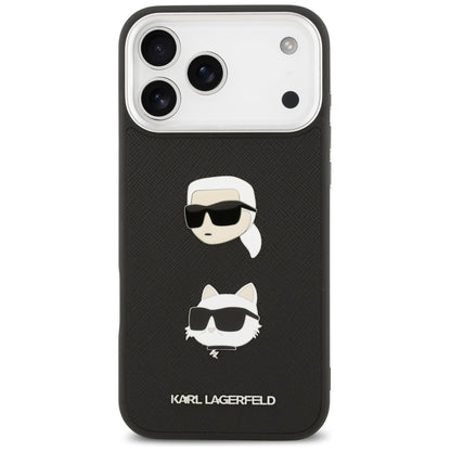 Hülle für Apple iPhone 17 Pro Max, Karl Lagerfeld, Grained Karl & Choupette's Heads Pins and Logo, Schwarz