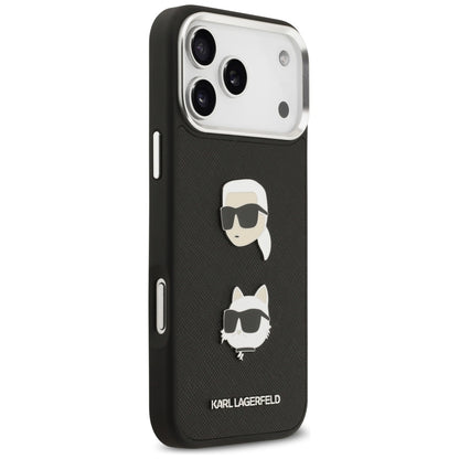 Hülle für Apple iPhone 17 Pro Max, Karl Lagerfeld, Grained Karl & Choupette's Heads Pins and Logo, Schwarz