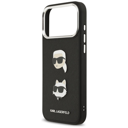 Hülle für Apple iPhone 17 Pro Max, Karl Lagerfeld, Grained Karl & Choupette's Heads Pins and Logo, Schwarz