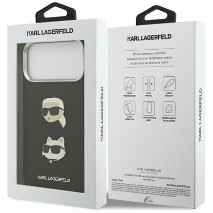 Hülle für Apple iPhone 17 Pro Max, Karl Lagerfeld, Grained Karl & Choupette's Heads Pins and Logo, Schwarz