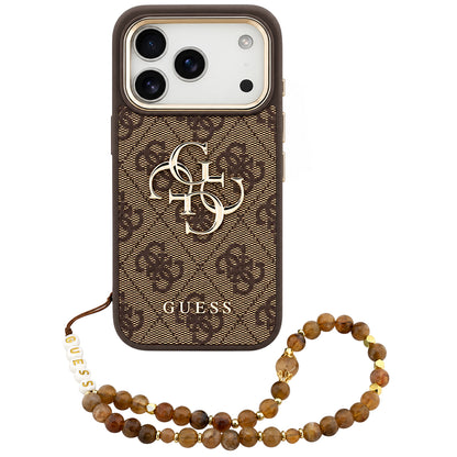 Hülle für Apple iPhone 18 Pro / 17 Pro, Guess, 4G Classic Logo mit Trageriemen, Goldbraun
