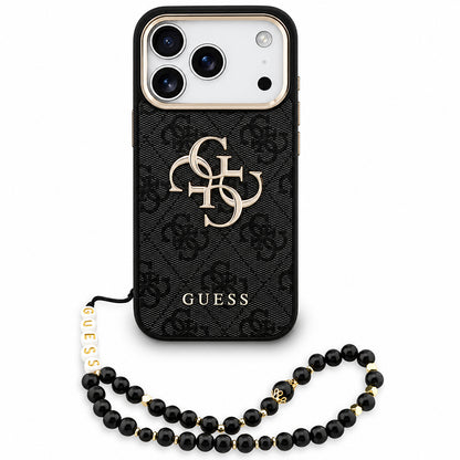 Hülle für Apple iPhone 18 Pro / 17 Pro, Guess, 4G Classic Logo mit Riemen, Schwarz Gold