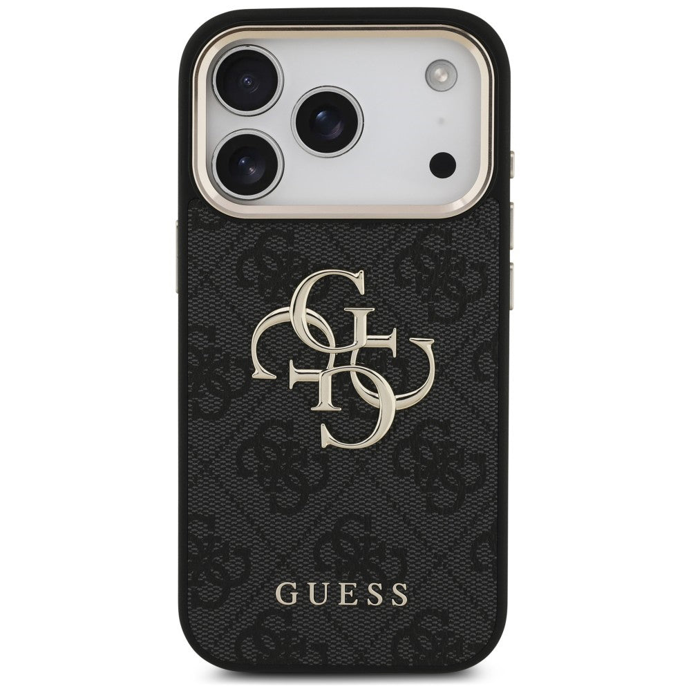 Hülle für Apple iPhone 18 Pro / 17 Pro, Guess, 4G Classic Logo mit Riemen, Schwarz Gold