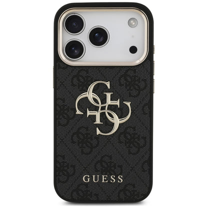Hülle für Apple iPhone 18 Pro / 17 Pro, Guess, 4G Classic Logo mit Riemen, Schwarz Gold