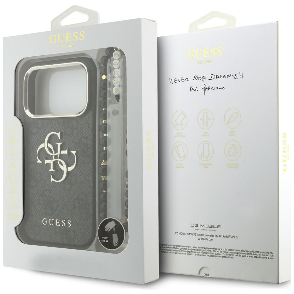 Hülle für Apple iPhone 18 Pro / 17 Pro, Guess, 4G Classic Logo mit Riemen, Schwarz Gold