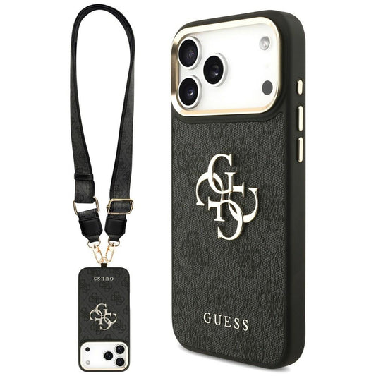 Hülle für Apple iPhone 18 Pro / 17 Pro, Guess, Big 4G Classic Logo & Big Strap Metal Buttons, Schwarz