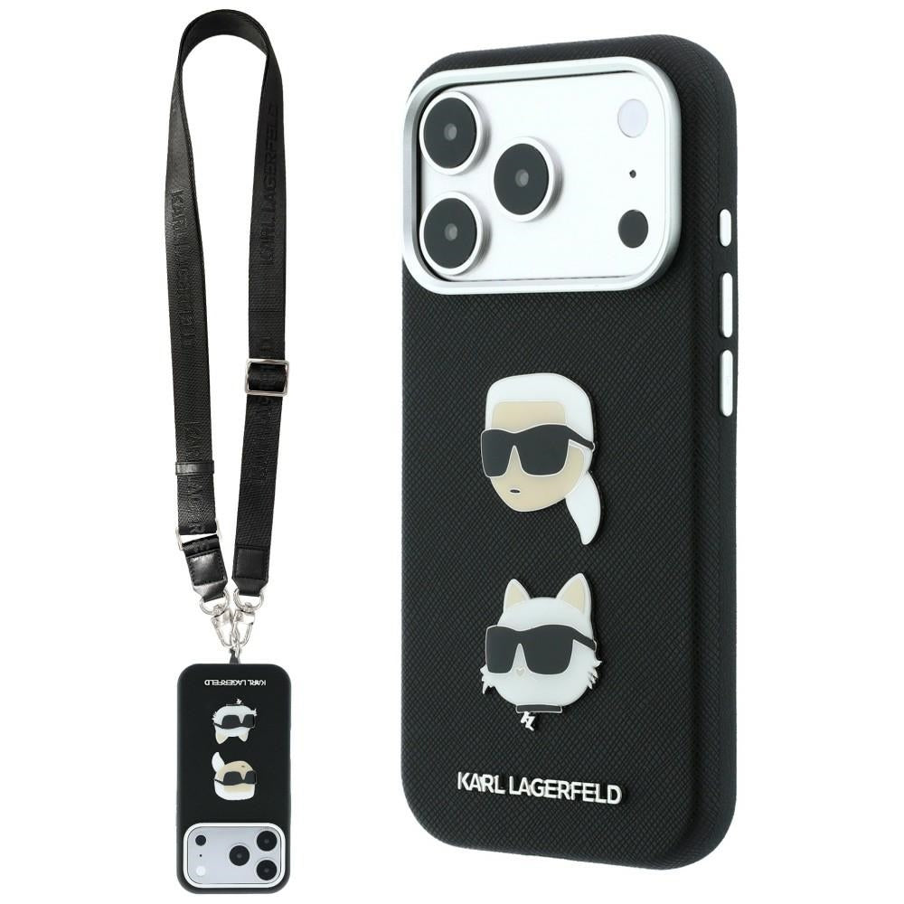 Hülle für Apple iPhone 18 Pro / 17 Pro, Karl Lagerfeld, Saffiano Crossbody Karl & Choupette Head's Pins Logo, Schwarz