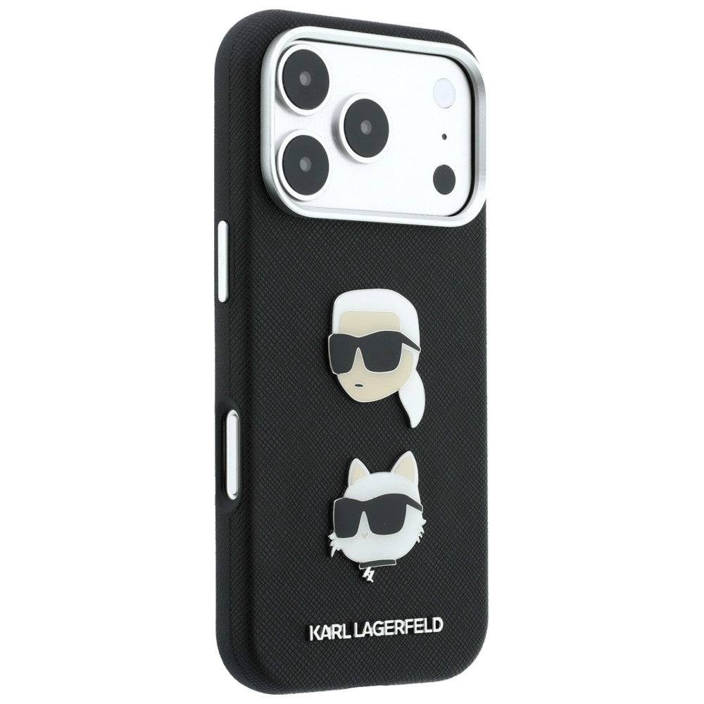 Hülle für Apple iPhone 18 Pro / 17 Pro, Karl Lagerfeld, Saffiano Crossbody Karl & Choupette Head's Pins Logo, Schwarz
