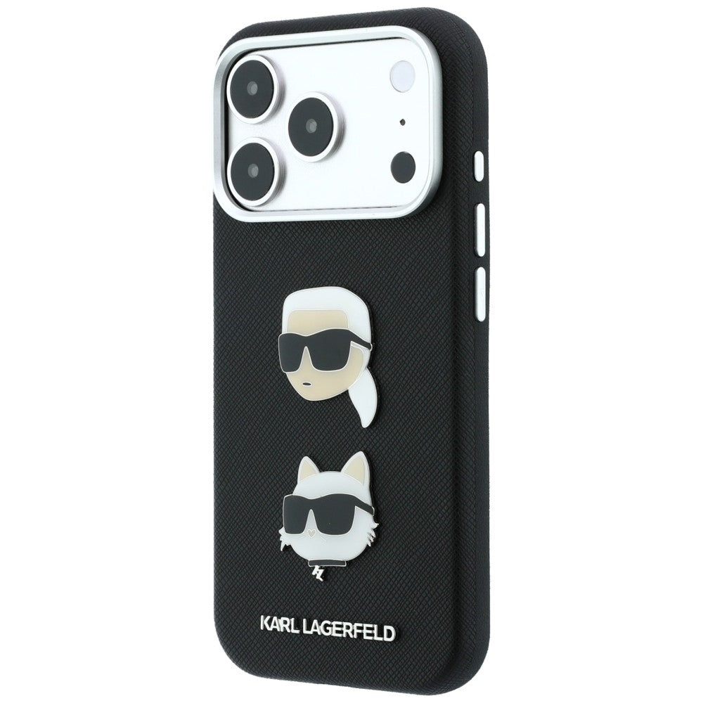 Hülle für Apple iPhone 18 Pro / 17 Pro, Karl Lagerfeld, Saffiano Crossbody Karl & Choupette Head's Pins Logo, Schwarz