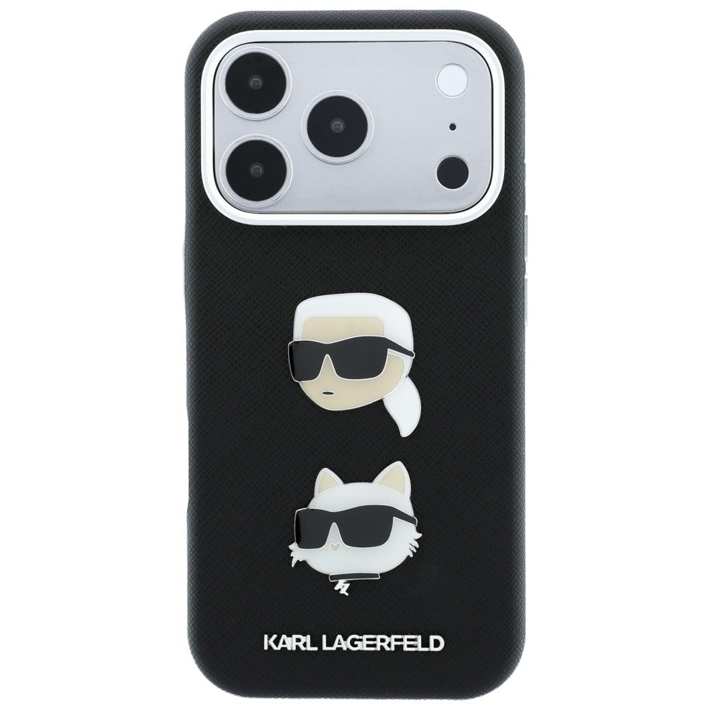 Hülle für Apple iPhone 18 Pro / 17 Pro, Karl Lagerfeld, Saffiano Crossbody Karl & Choupette Head's Pins Logo, Schwarz