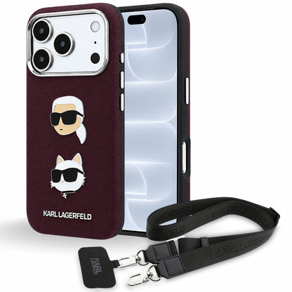 Hülle für Apple iPhone 18 Pro / 17 Pro, Karl Lagerfeld, Saffiano Crossbody Karl & Choupette Head's Pins Logo, Bordeauxrot