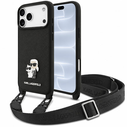 Hülle für Apple iPhone 18 Pro / 17 Pro, Karl Lagerfeld, Saffiano Crossbody Metal Pin Karl & Choupette, Schwarz