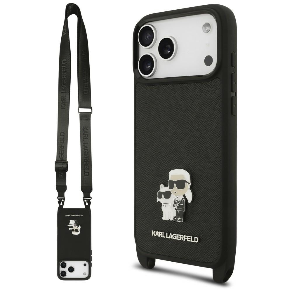 Hülle für Apple iPhone 18 Pro / 17 Pro, Karl Lagerfeld, Saffiano Crossbody Metal Pin Karl & Choupette, Schwarz