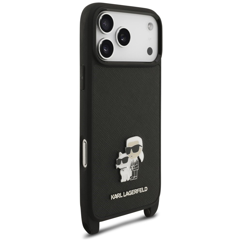 Hülle für Apple iPhone 18 Pro / 17 Pro, Karl Lagerfeld, Saffiano Crossbody Metal Pin Karl & Choupette, Schwarz