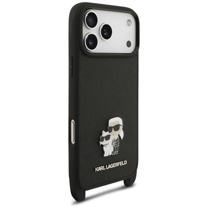 Hülle für Apple iPhone 18 Pro / 17 Pro, Karl Lagerfeld, Saffiano Crossbody Metal Pin Karl & Choupette, Schwarz