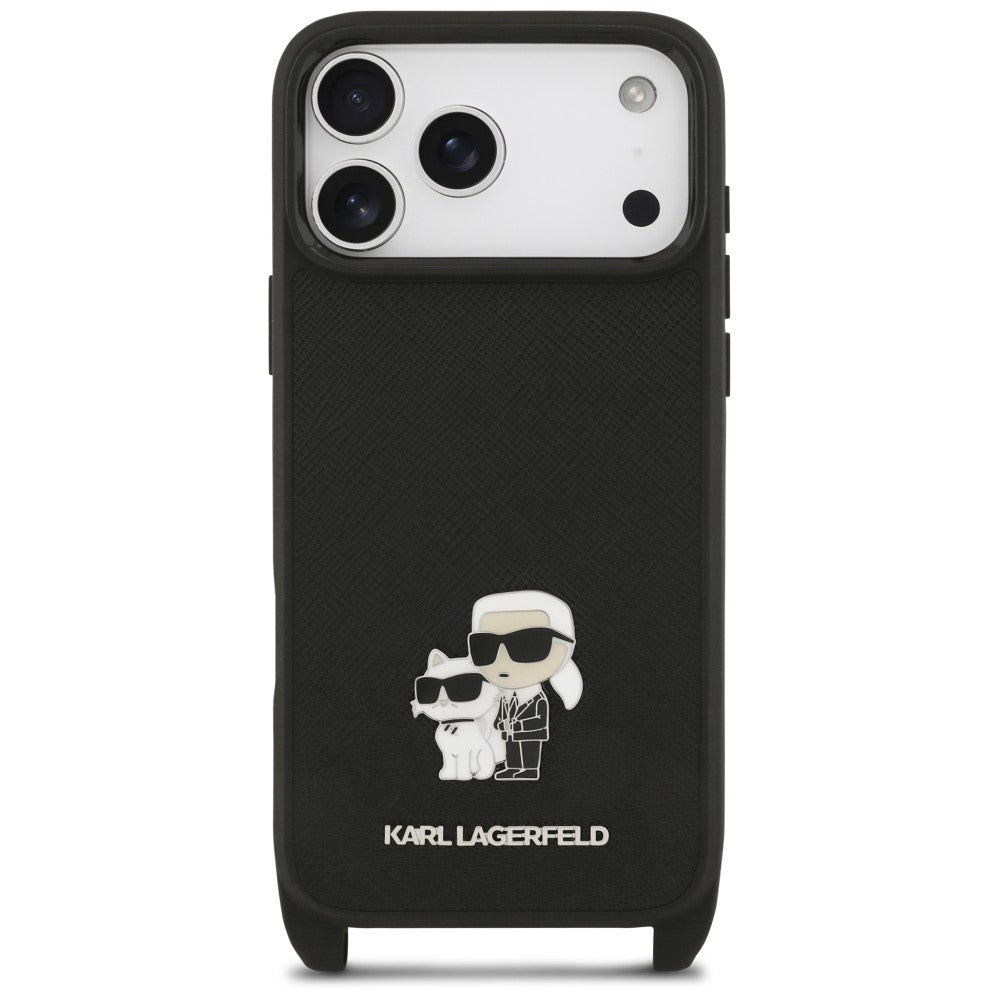 Hülle für Apple iPhone 18 Pro / 17 Pro, Karl Lagerfeld, Saffiano Crossbody Metal Pin Karl & Choupette, Schwarz