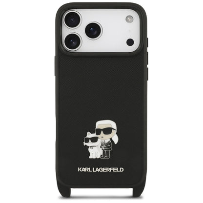 Hülle für Apple iPhone 18 Pro / 17 Pro, Karl Lagerfeld, Saffiano Crossbody Metal Pin Karl & Choupette, Schwarz