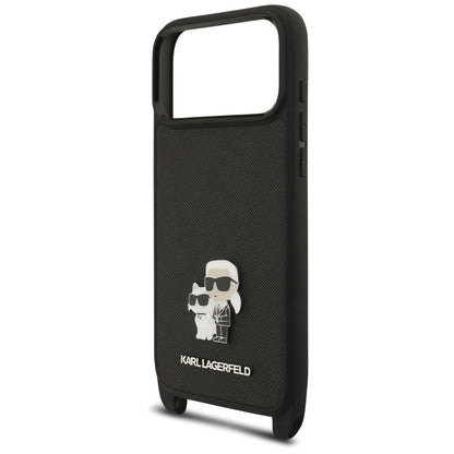 Hülle für Apple iPhone 18 Pro / 17 Pro, Karl Lagerfeld, Saffiano Crossbody Metal Pin Karl & Choupette, Schwarz