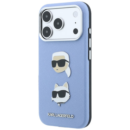 Hülle für Apple iPhone 18 Pro / 17 Pro, Karl Lagerfeld, Saffiano mit Karl-&-Choupette-Kopf-Pin und Logo, Blau
