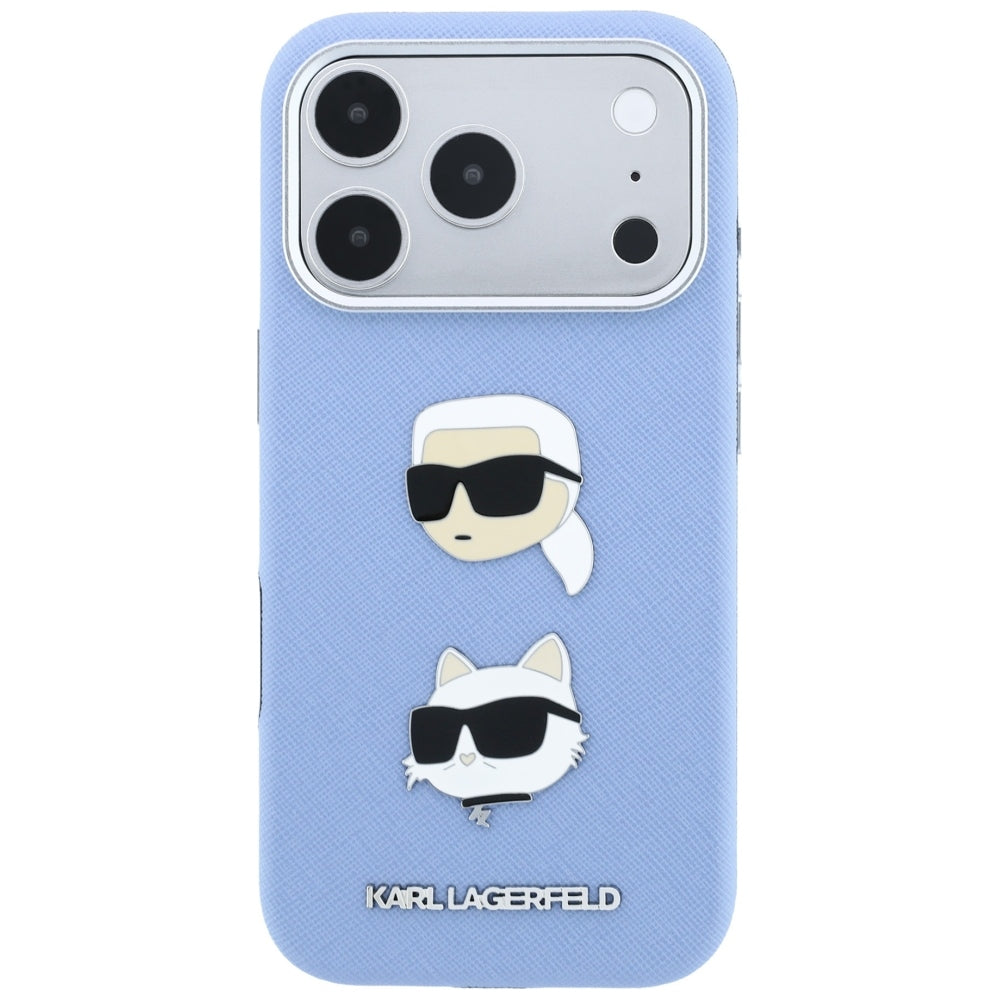 Hülle für Apple iPhone 18 Pro / 17 Pro, Karl Lagerfeld, Saffiano mit Karl-&-Choupette-Kopf-Pin und Logo, Blau