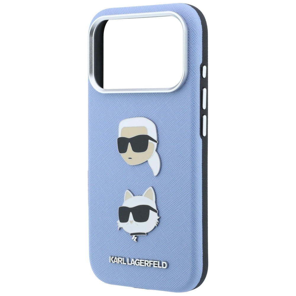 Hülle für Apple iPhone 18 Pro / 17 Pro, Karl Lagerfeld, Saffiano mit Karl-&-Choupette-Kopf-Pin und Logo, Blau
