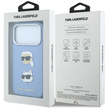 Hülle für Apple iPhone 18 Pro / 17 Pro, Karl Lagerfeld, Saffiano mit Karl-&-Choupette-Kopf-Pin und Logo, Blau